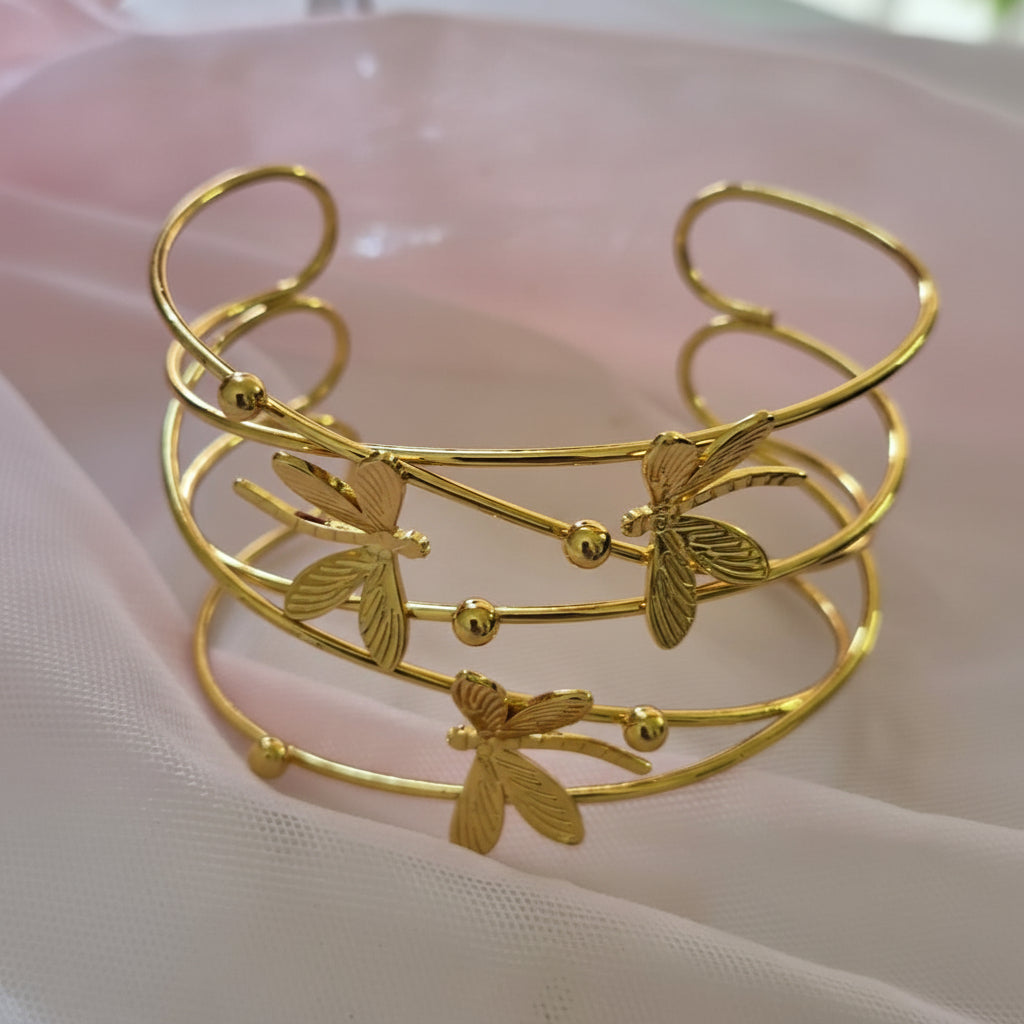 Stainless Steel Gold-Tone Dragonfly Motif Layered Open Cuff Bangle Bracelet