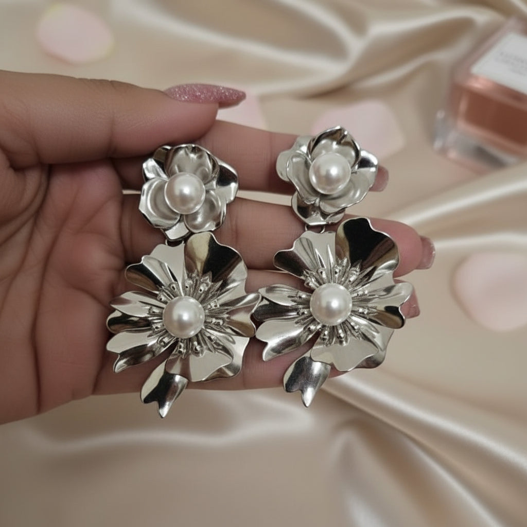 Silver Bloom Statement Earrings with Luminous Pearl Accents
