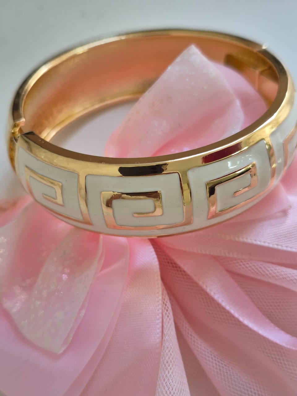 Stainless Steel Gold-Tone Greek Key White Enamel Bangle Bracelet