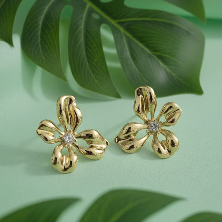 Golden Bloom Studs with Dazzling White Stone Detail