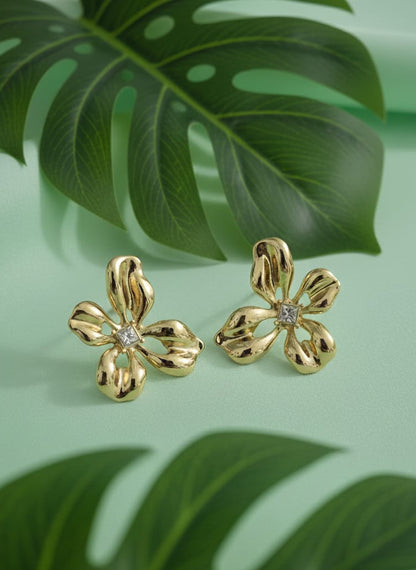 Golden Bloom Studs with Dazzling White Stone Detail