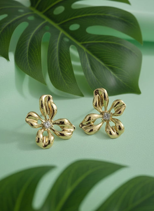 Golden Bloom Studs with Dazzling White Stone Detail