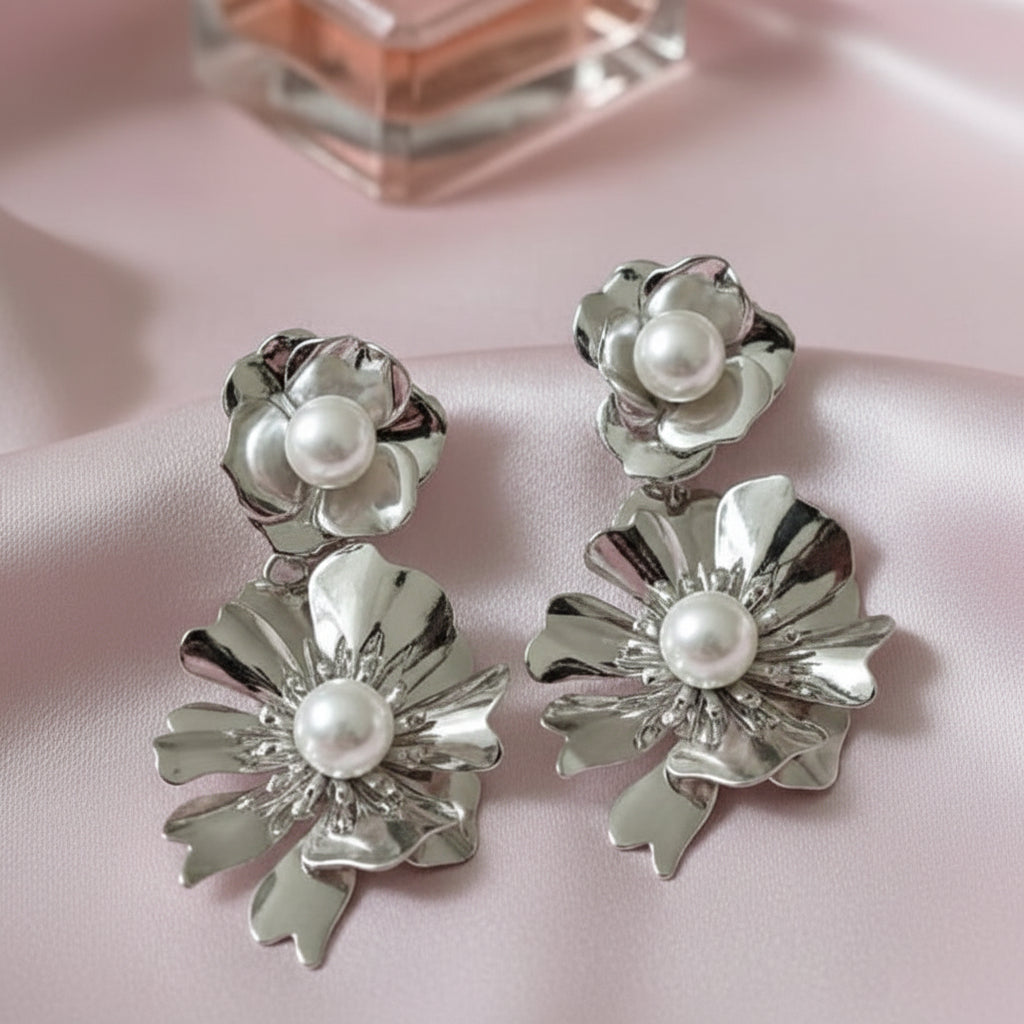 Silver Bloom Statement Earrings with Luminous Pearl Accents