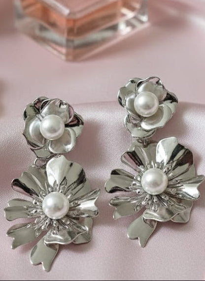 Silver Bloom Statement Earrings with Luminous Pearl Accents