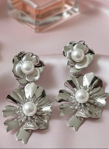 Silver Bloom Statement Earrings with Luminous Pearl Accents