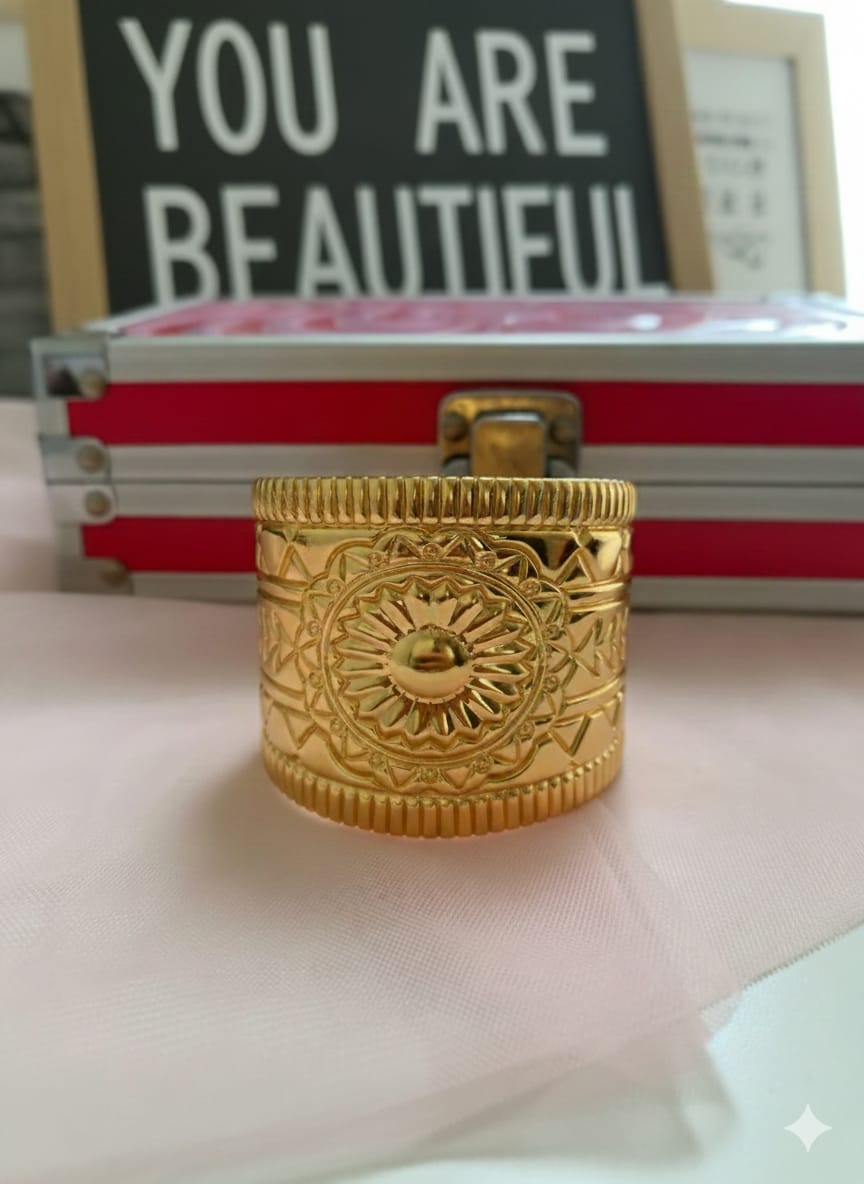 Stainless Steel Wide Gold Cuff  Bohemian Bracelet With An Embossed Medallion Pattern