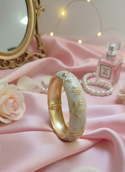 Gold-Tone Floral & Leaf White Enamel Bangle Bracelet