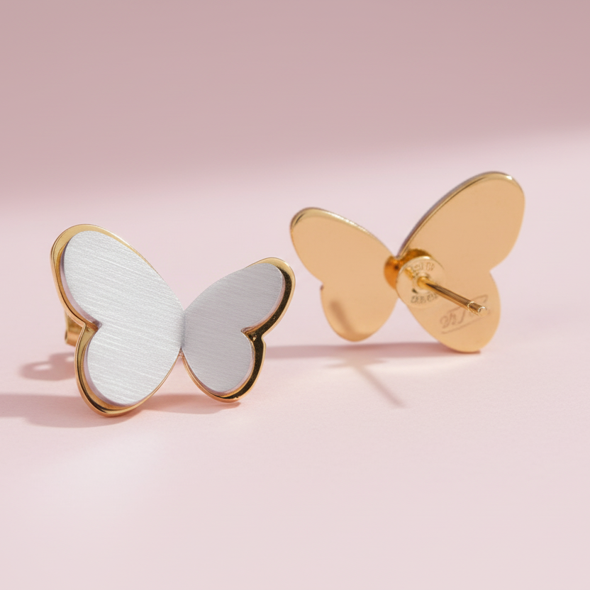 Stainless Steel Gold-toned  Dainty  Grey Butterfly Stud Earring