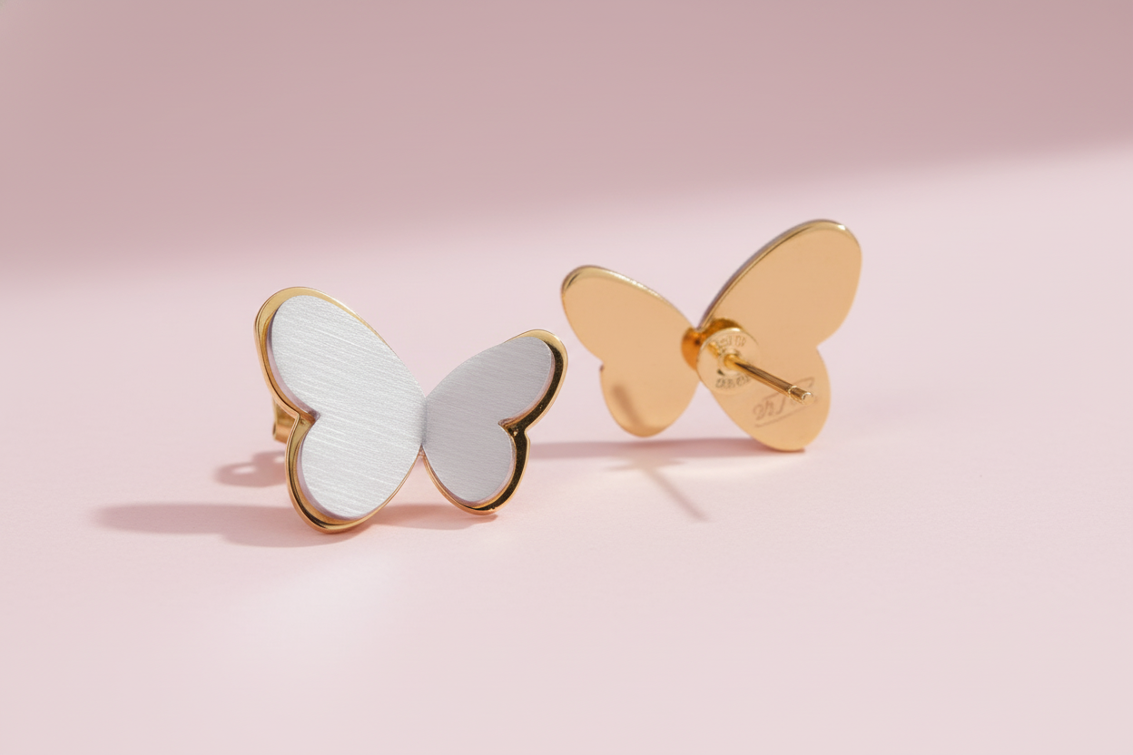 Stainless Steel Gold-toned  Dainty  Grey Butterfly Stud Earring