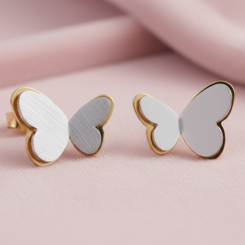 Stainless Steel Gold-toned  Dainty  Grey Butterfly Stud Earring