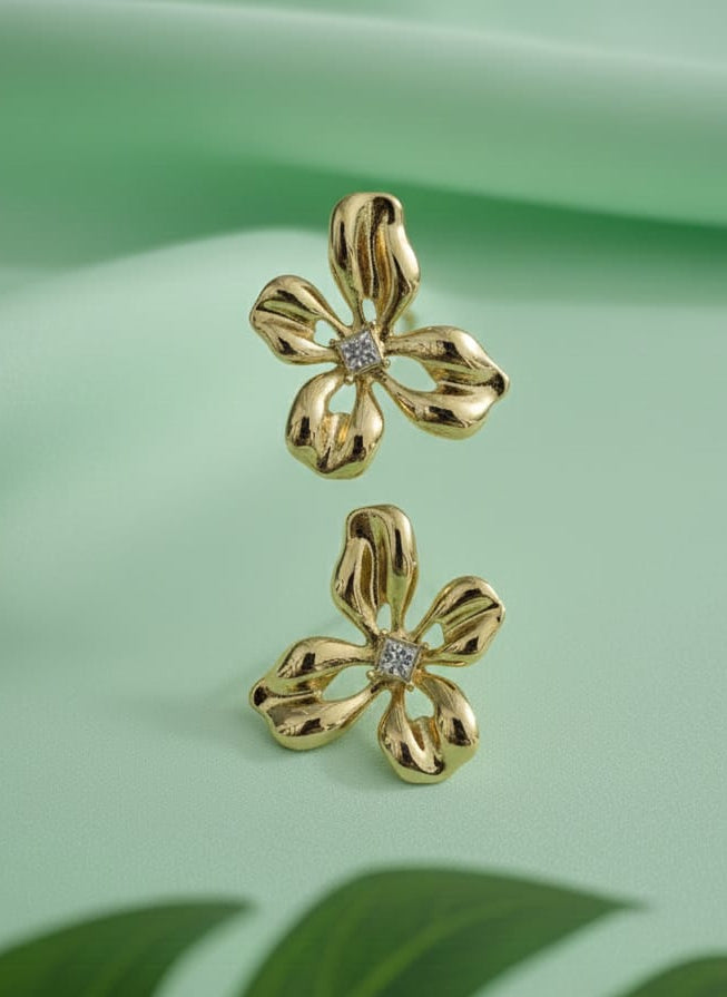 Golden Bloom Studs with Dazzling White Stone Detail