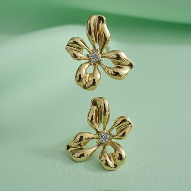 Golden Bloom Studs with Dazzling White Stone Detail