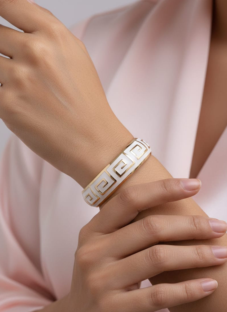 Stainless Steel Gold-Tone Greek Key White Enamel Bangle Bracelet