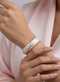 Stainless Steel Gold-Tone Greek Key White Enamel Bangle Bracelet