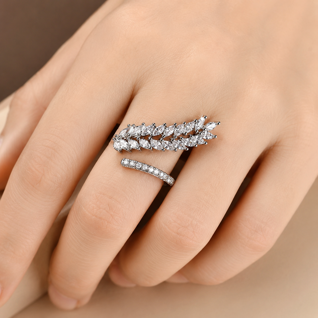 Silver Plated CZ Studded Adjustable Finger Ring