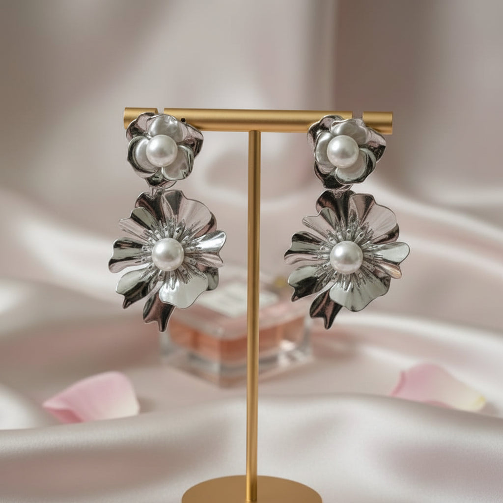 Silver Bloom Statement Earrings with Luminous Pearl Accents