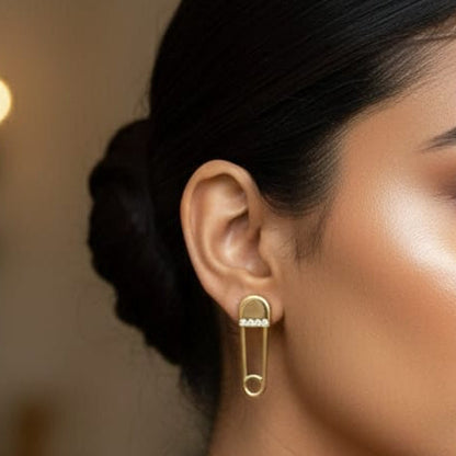 Chic Pave CZ Gold-Plated Safety Pin Earrings