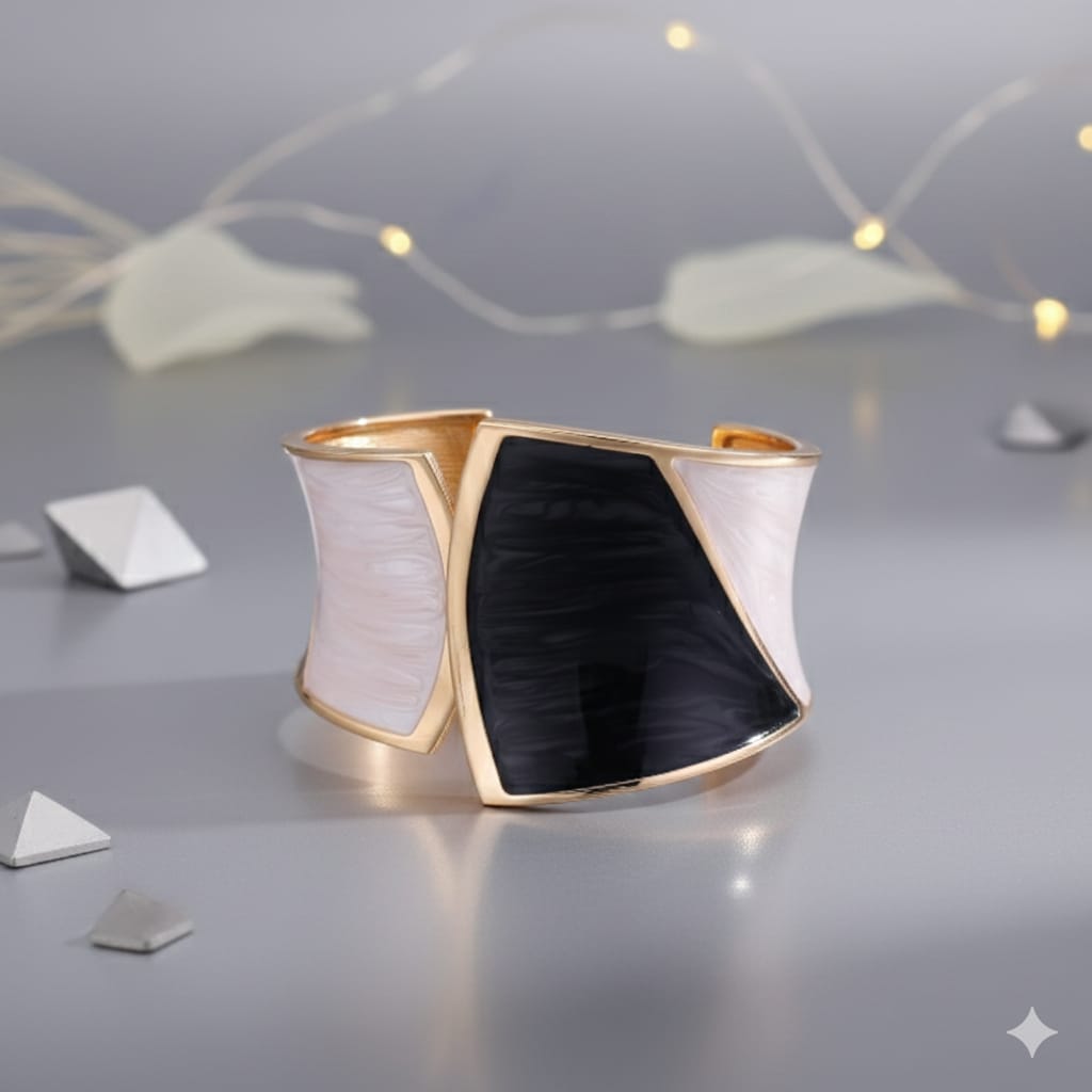 Geometric Asymmetrical Black & White Enamel Gold Cuff Bracelet
