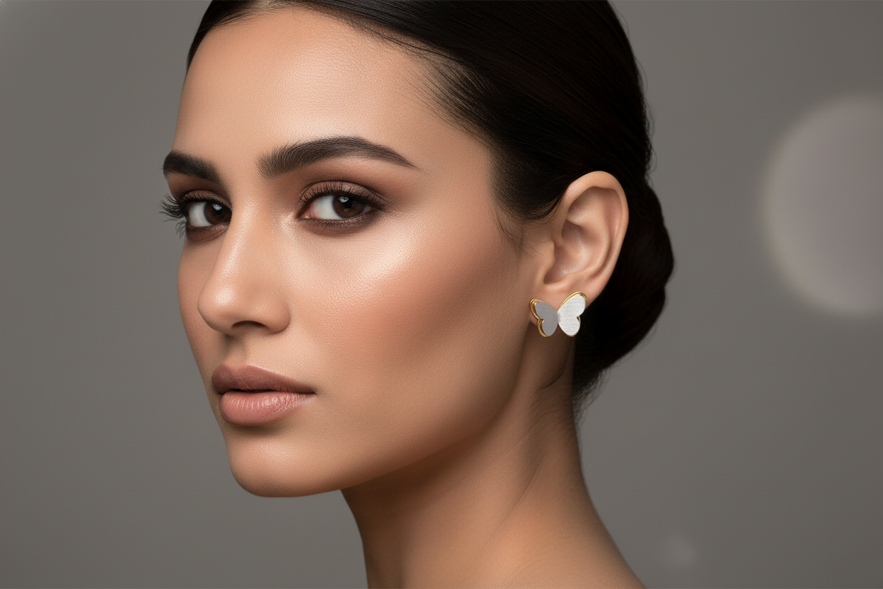 Stainless Steel Gold-toned  Dainty  Grey Butterfly Stud Earring