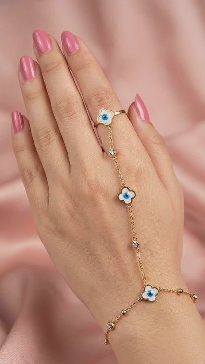 18K Gold Plated Evil Eye Clover Hand Chain (Ring Bracelet)